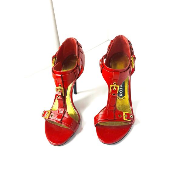 Tom Ford Red Leather Buckle T-Strap High Heel Sandals Size 37.5 - Picture 9 of 10